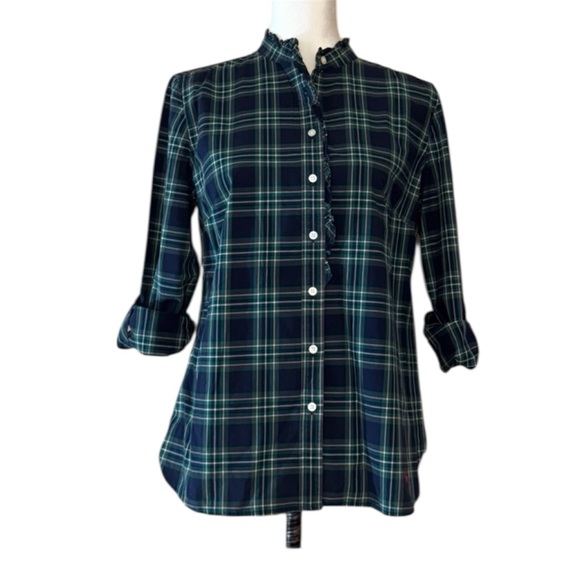 Talbots women’s preppy plaid ruffle neck, tab sleeve festive blouse, navy, SZ 10 - Picture 2 of 5